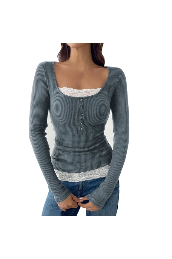 Womens Fall Slim Fit Sweaters Lightweight Lace Ribbed Knit Sweater Pullover Long Sleeve Casual Slimming Base Layers Blue, M