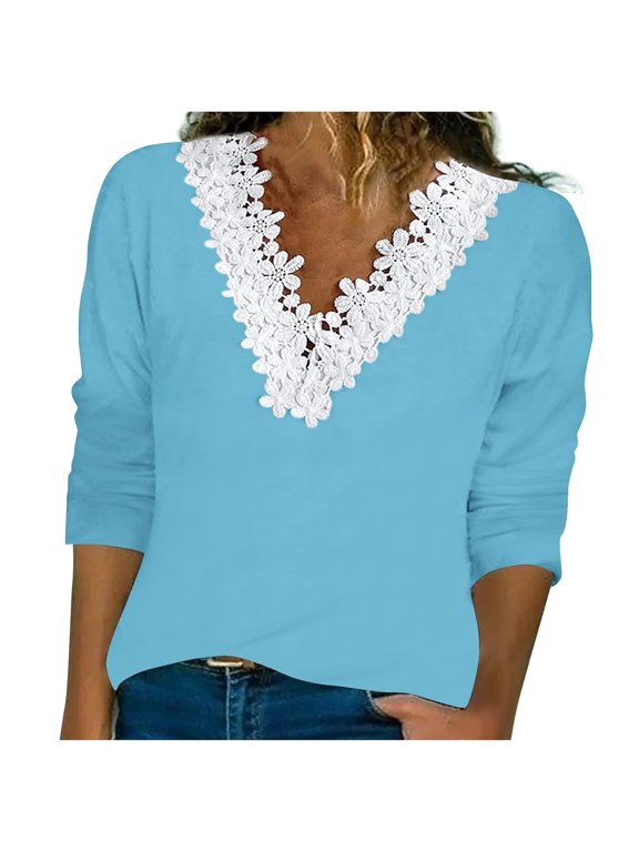 Womens Fall Solid Colod Floral Lace Trim V Neck 3/4 Sleeve Shirts