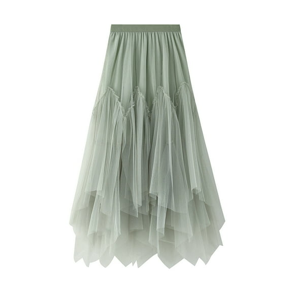 Womens Fall Solid Color Tiered Tulle Midi Skirt Prom Fashion Elastic High Waist Mesh Stitching Long Skirt
