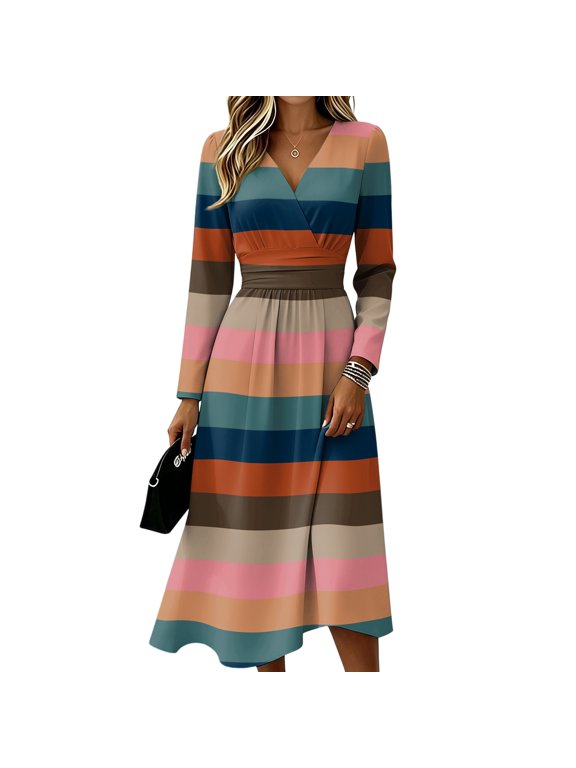 Womens Fall Spring Long Sleeve Midi Dress V Neck Long Sleeve a Line Dresses Casual Vacation Dress Trendy Lightweight Breathable Dress