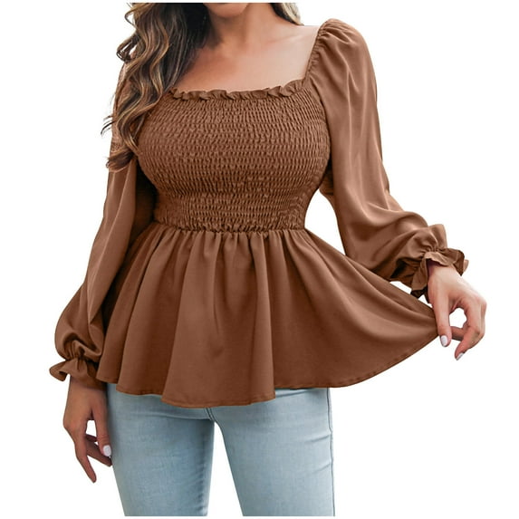 Womens Fall Spring Tunic Tops Cute Smocked Square Neck Puff Long Sleeve Shirts Casual Flowy Going out Blouse Tee Coffee