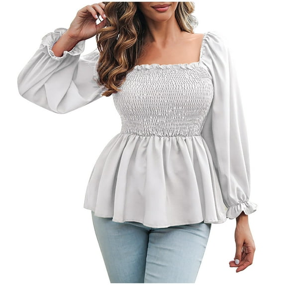 Womens Fall Spring Tunic Tops Cute Smocked Square Neck Puff Long Sleeve Shirts Casual Flowy Going out Blouse Tee White
