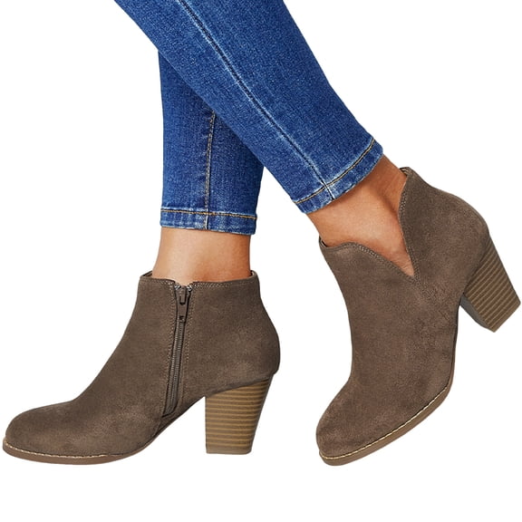 Womens Fall Suede Dress Ankle Boots Vintage Cut Out Chunky High Heel Short Booties with Side Zipper