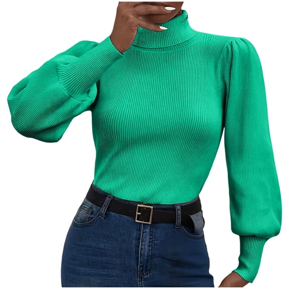 Womens Fall Sweater Tops Dressy Casual Puff Sleeve Turtleneck Sweaters Trendy Ribbed Knit Shirts Pullover Green, M