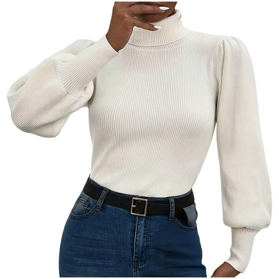 Womens Fall Sweater Tops Dressy Casual Puff Sleeve Turtleneck Sweaters Trendy Ribbed Knit Shirts Pullover White, L