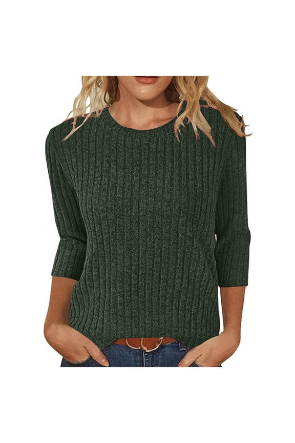 Womens Fall Sweaters, 3/4 Sleeve Pullover for Women Fashion Loose Fit Solid Color Ribbed Crewneck Sweatshirts