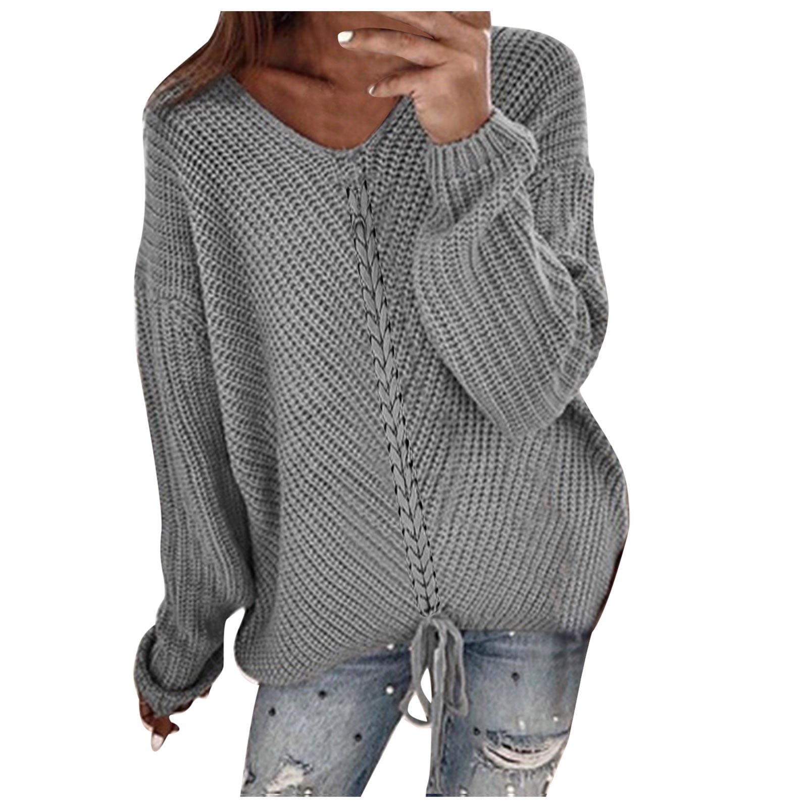 Womens Fall Sweaters Casual Comfortable Solid Front Drawstring V Neck