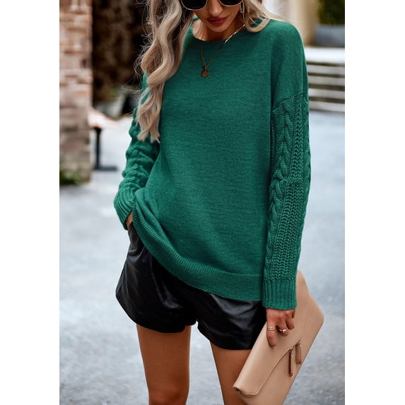 Womens Fall Sweaters Cute Cable Knit Crewneck Chunky Cozy Long Sleeve Warm Soft Pullover Sweater Tops Crew Neck Long Sleeve Knit Sweater Top