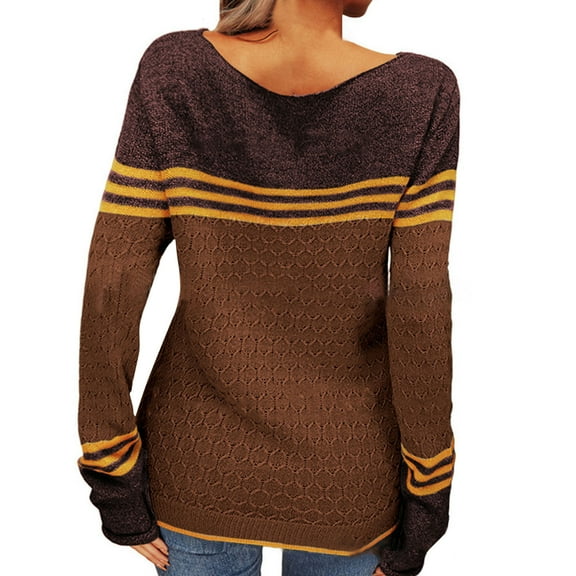 Womens Fall Sweaters Fall Winter Long Sleeve Knit Sweaters Striped Patchwork Round Neck Elegant Top Knitted Sweater Coffee M