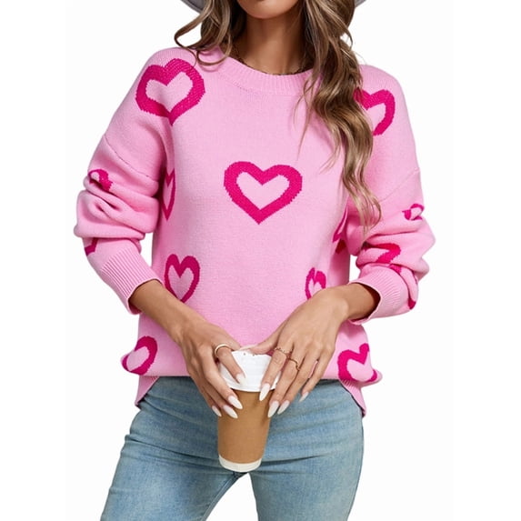 Womens Fall Sweaters Heart Print Long Sleeve Crew Neck Striped Pullover Loose Knitted Jumper 2025 Pink XL
