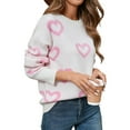 thumbnail image 1 of Womens Fall Sweaters Heart Print Long Sleeve Crew Neck Striped Pullover Loose Knitted Jumper 2025 White S, 1 of 9