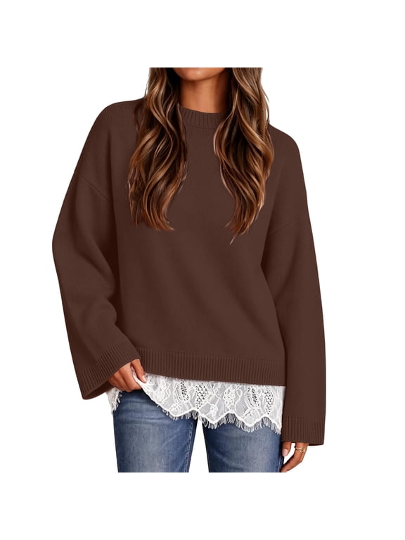 Womens Fall Sweaters Long Sleeve Crew Neck Lace Hem Fall Pullover Tops Knit Oversized Soft Lightweight Fashion Sweater Brown XL