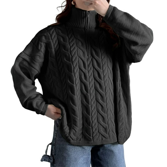 Womens Fall Sweaters Long Sleeve Quarter Zip Pullover Sweater Casual Loose V Neck Cable Knit Jumper Tops Gray M