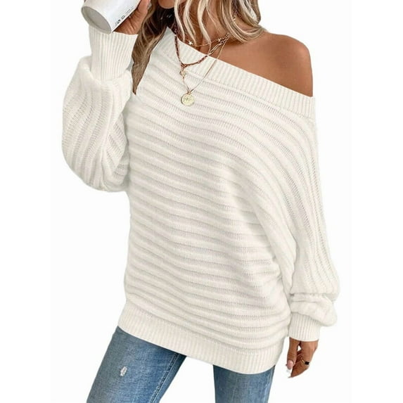Womens Fall Sweaters Off the Shoulder Batwing Sleeve Textured Knit Tops Oversized One Shoulder Sweater Benbai XL