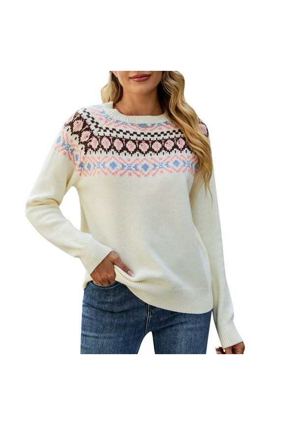 Womens Fall Sweaters Retro Jacquard Colored Knitted Shirt Casual Wear Pullover Sweaters Sweaters Beige L