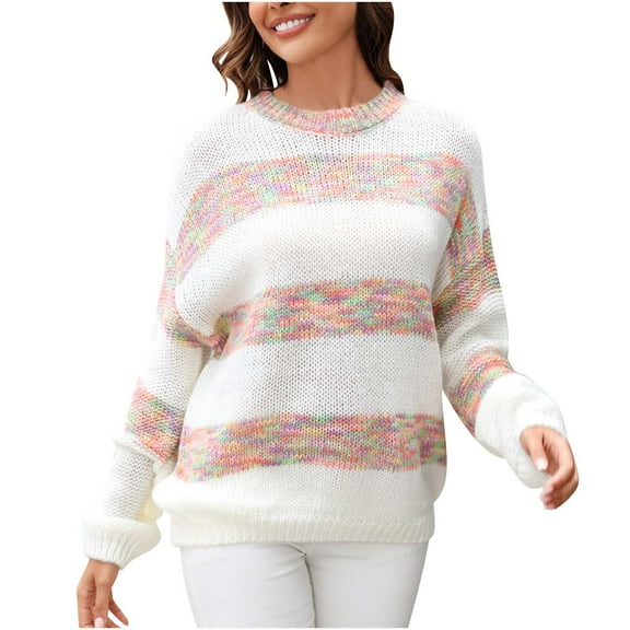 Womens Fall Sweaters Sevevn Women's Casual Striped Color Contrast Knitted Pullover Long Sleeve Round-Neck Sweater