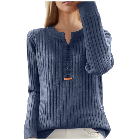Womens Fall Sweaters Solid V Neck Pullover Sweaters Winter Loose Long Sleeve Knitwear Tops Sweaters Dark Blue M