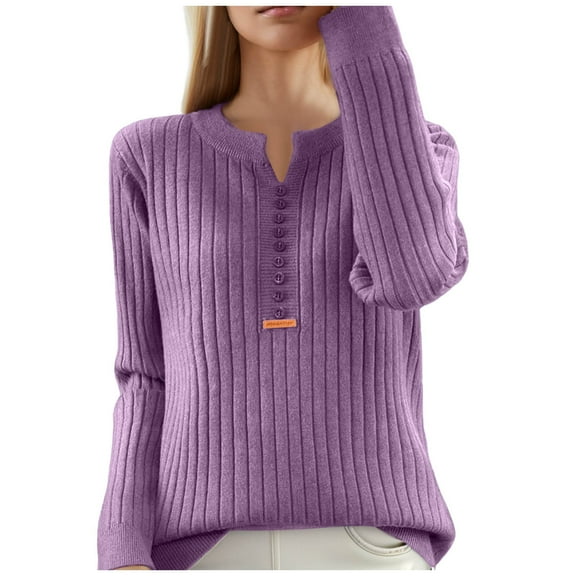 Womens Fall Sweaters Solid V Neck Pullover Sweaters Winter Loose Long Sleeve Knitwear Tops Sweaters Purple S