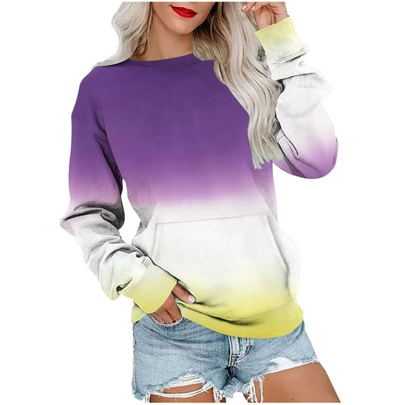 Womens Fall Sweaters with Pockets, Long Sleeve Pullover for Women Fashion Loose Fit Ombre Tie Dye Crewneck Sweatshirts S-2XL