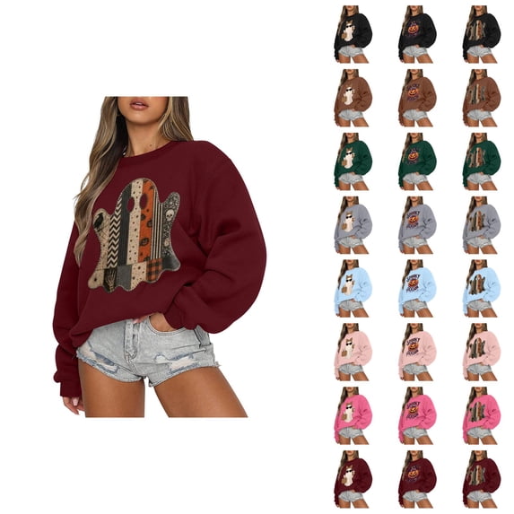 Womens Fall Sweatshirt Halloween Pullover Tops Crewneck Spooky Season Sweatshirt Lightweight Graphic Sweatshirt