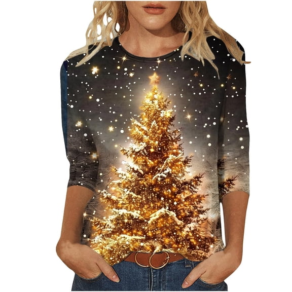 Womens Fall Sweatshirts Fashion 3/4 Sleeve Christmas Themed Petite Tops for Women,Gold,XL