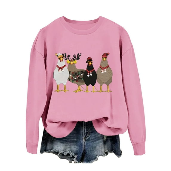 Womens Fall Sweatshirts Funny Christmas Chick Farm Animal Print Boho Tops for Women,Pink,L