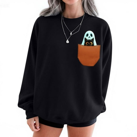 Womens Fall Sweatshirts Long Sleeve Halloween Graphic Shirts Casual Funny Crewneck Sweatshirt Black, XS
