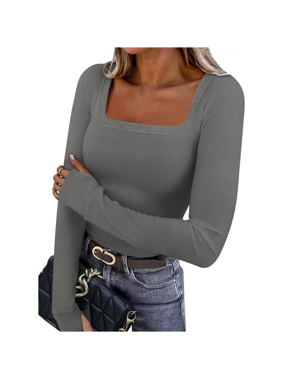 Womens Fall Sweatshirts New Women's Long Sleeve Shirts Slim Fitted Square Neck Basic Tops with Thumb Holes Soft Classic Solid Going out Tops Style B-12 Dark Gray L