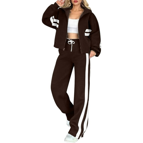 Womens Fall Sweatsuit 2 Peice Outfits Zip Up Striped Y2K Jacket Wide Leg Pants Matching Tracksuit Set Brown M