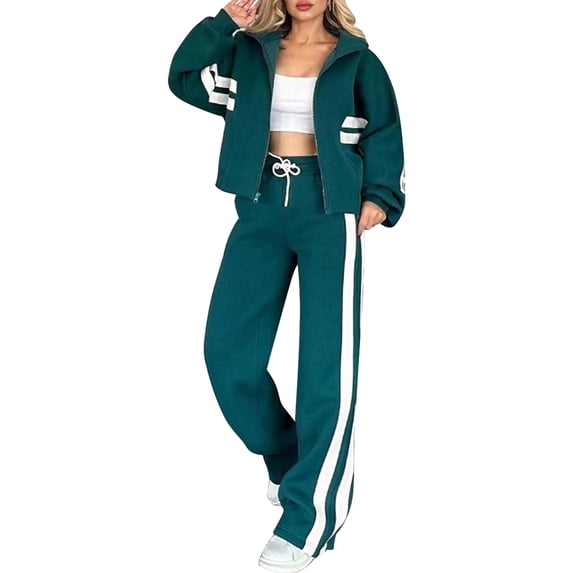 Womens Fall Sweatsuit 2 Peice Outfits Zip Up Striped Y2K Jacket Wide Leg Pants Matching Tracksuit Set Green XXXL
