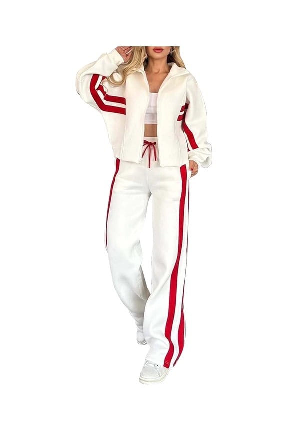 Womens Fall Sweatsuit 2 Peice Outfits Zip Up Striped Y2K Jacket Wide Leg Pants Matching Tracksuit Set White XXXL