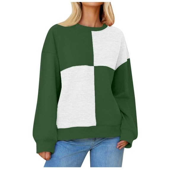 Womens Fall Thin Sweaters, Long Sleeve Pullover for Women Fashion Loose Fit Color Patchwork Crewneck Sweatshirts