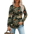 thumbnail image 1 of Womens Fall Tops 2024 Fashion Pleated Blouse Puff Sleeve Scoop Neck Floral Print Shirts Dressy Casual Tshirts Fall Clothes for Women 2024  green Large, 1 of 5