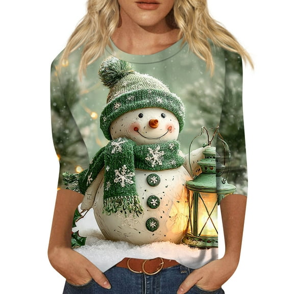 Womens Fall Tops Christmas 3/4 Sleeve Crewneck Women Tops Xmas Tree Snowflake Print Graphic Shirts Dressy Casual Blouse Western Tops Quarter Sleeve Tops Tees & Blouses