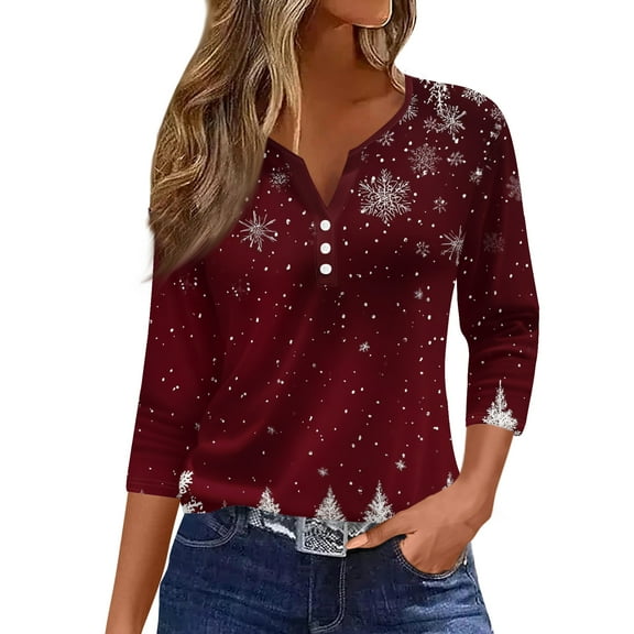 Womens Fall Tops Christmas Women's T-Shirts V Neck Graphic 3/4 Length Sleeve T Shirts Dressy Casual Blouse Xmas Tree Snowflake Print Work Tops Half Sleeve Tops Tees & Blouses