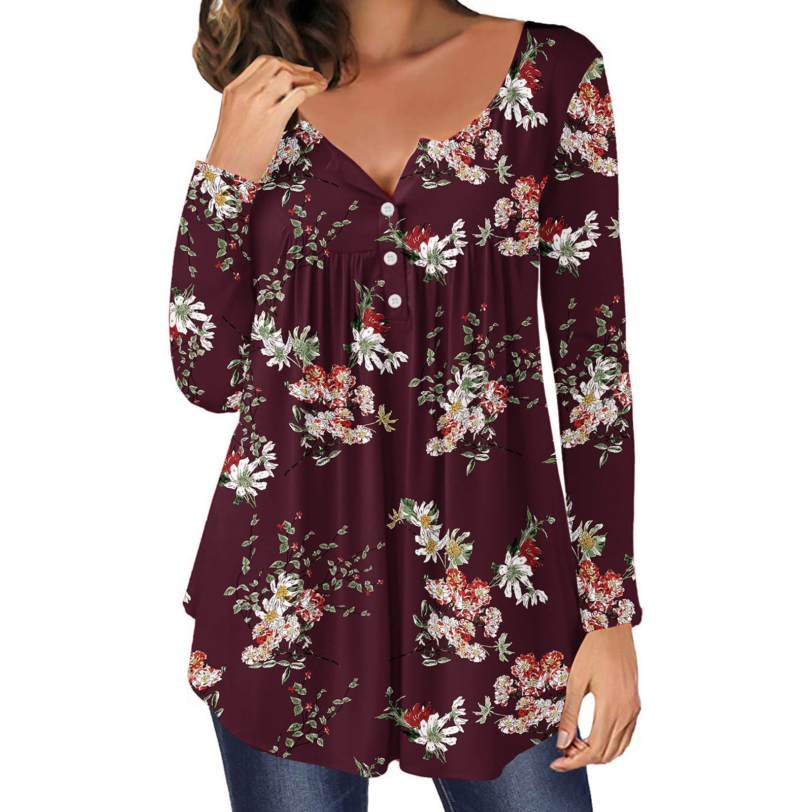 Womens Fall Tops Dressy Casual Long Sleeve Crew Neck Shirt Floral