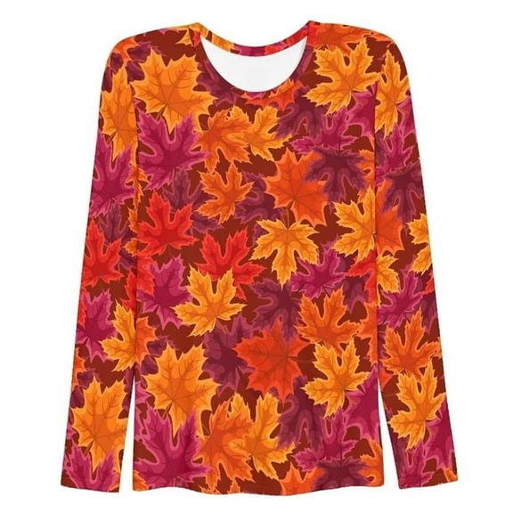 Womens Fall Tops Fashion Maple Leaf Printed Long Sleeve Round Neck Ladies Clothing,Orange,XL