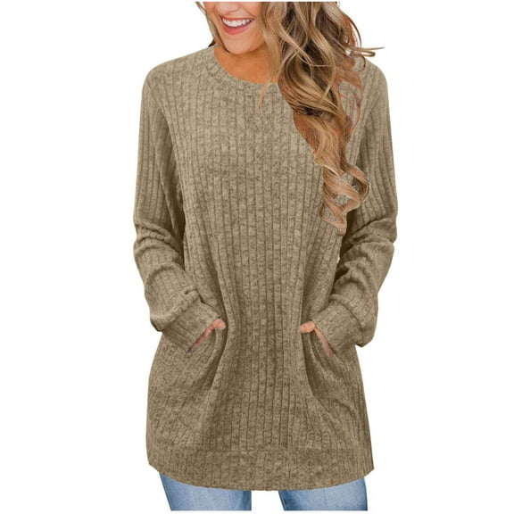 Womens Fall Tops Fashion Women's Casual Solid Color Round Neck Long Sleeve T-shirt Top with Pocket Blouse Oversize Stretchable Loose Lightweight Going Out Tops for Women Work Travel Clothes