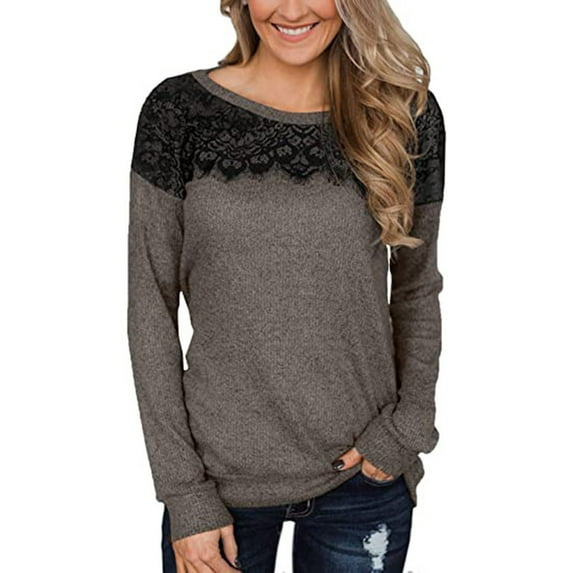 Womens Fall Tops Floral Lace Patchwork Long Sleeve Cotton T-shirts Dressy Casual Crew Neck Solid Color Tees (M, Coffee)