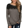 thumbnail image 1 of Womens Fall Tops Floral Lace Patchwork Long Sleeve Cotton T-shirts Dressy Casual Crew Neck Solid Color Tees (XL, Coffee), 1 of 4
