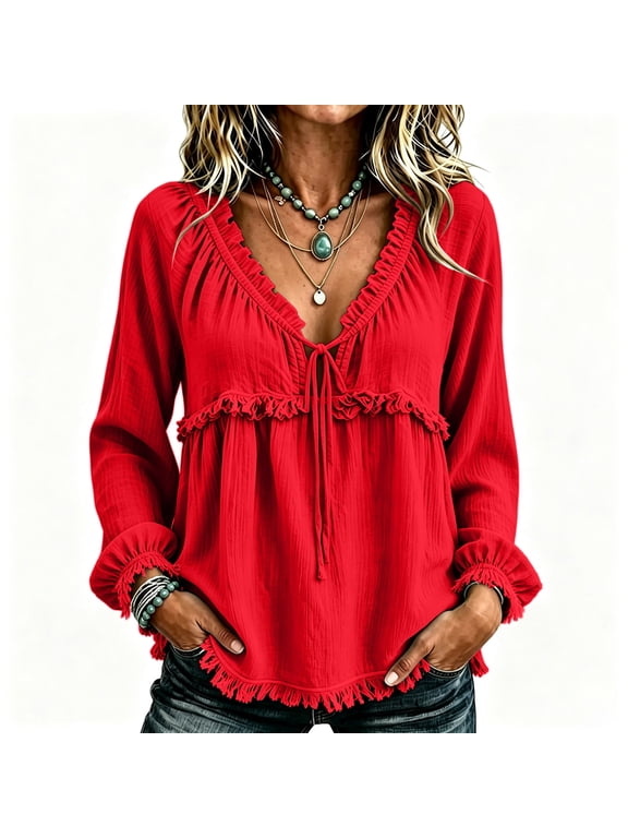 Womens Fall Tops Fringe Long Sleeve V Neck Frayed Shirts Boho Linen Raw Hem Retro Vintage Shirts Distressed Dressy Casual Peasant Top Summer Fall Clothes Gauze Shirts Vacation Beach