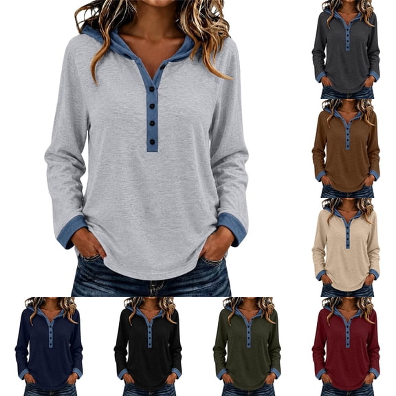 Womens Fall Tops Long Sleeve Half Button Up Hoodie Tops Loose Casual Pullover Top