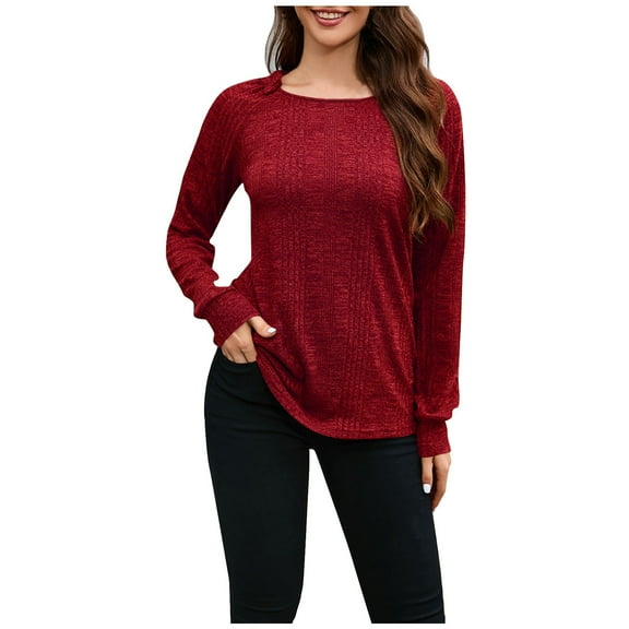 Womens Fall Tops Long Sleeve Rib-knit Round Neck Plain Pullover Casual T Shirts Tops for Winter Trendy 2025 (S, Red)