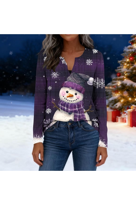 Womens Fall Tops Long Sleeve V Neck Button Down Christmas Shirts Holiday Party Wear Seasonal Print Loose Fit Comfort Style Blouse