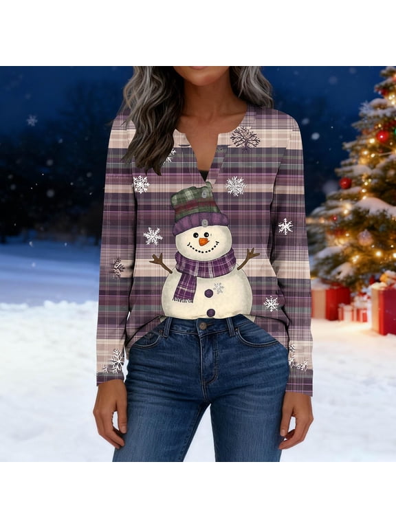 Womens Fall Tops Long Sleeve V Neck Button Down Christmas Shirts Holiday Party Wear Seasonal Print Loose Fit Comfort Style Blouse