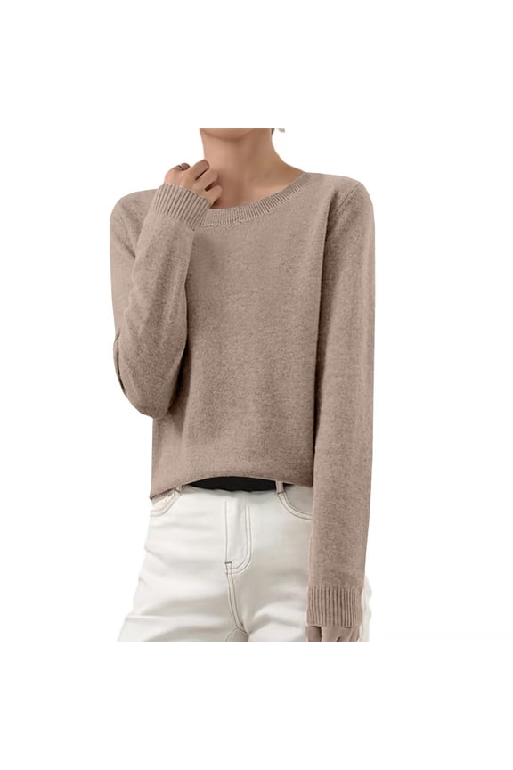 Womens Fall Tops Ribbed Crew Neck Long Sleeve Shirts Basic Plain Casual Dressy Blouses Cute Knit Sweaters、 Camel 3XL