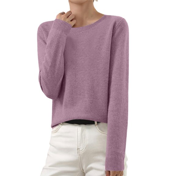 Womens Fall Tops Ribbed Crew Neck Long Sleeve Shirts Basic Plain Casual Dressy Blouses Cute Knit Sweaters、 Light Purple S