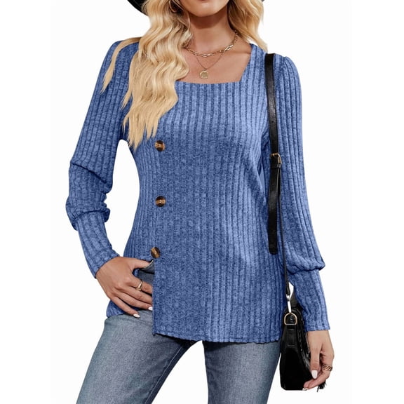 Womens Fall Tops Soft Square Neck Long Lantern Sleeve Deco Buttons Side Slit Sweater Tunic Shirt Blue XXL