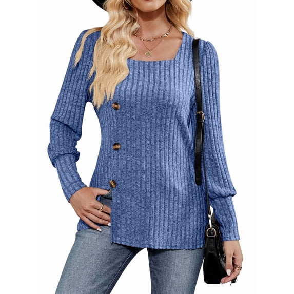 Womens Fall Tops Soft Square Neck Long Lantern Sleeve Deco Buttons Side Slit Sweater Tunic Shirt Blue XXL