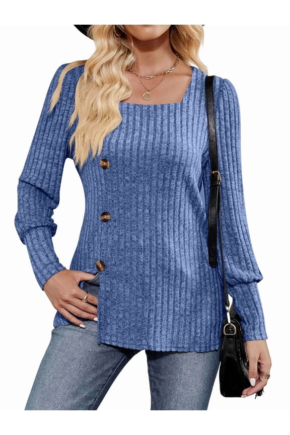 Womens Fall Tops Soft Square Neck Long Lantern Sleeve Deco Buttons Side Slit Sweater Tunic Shirt Blue XXL